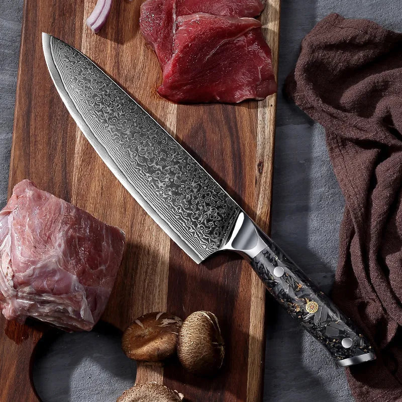 Eight-piece Damascus steel kitchen knife set showing fishbone pattern blades on a wooden surface.