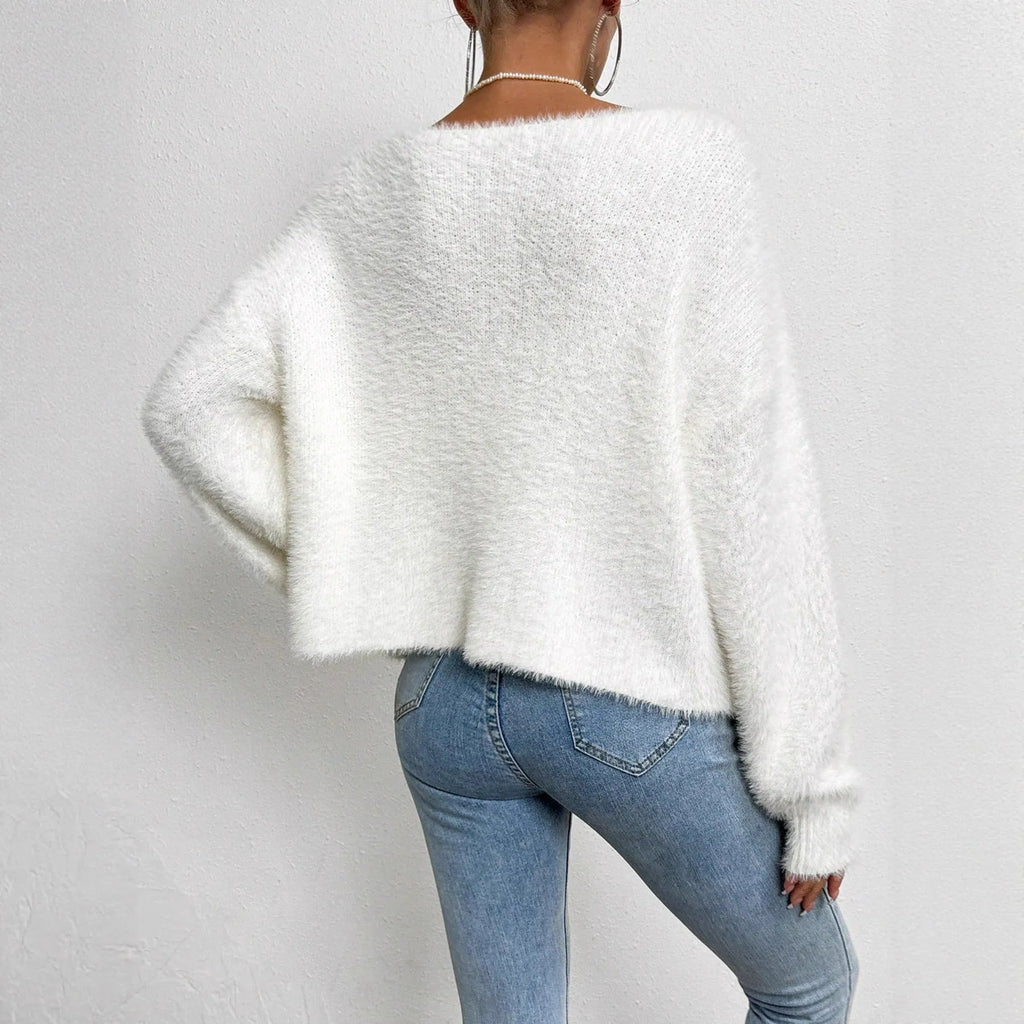 Women's white V-neck cardigan sweater made from polyester bead knitwear fabric