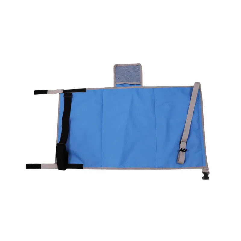 Portable children's aircraft seat extender in blue with adjustable bundle pocket