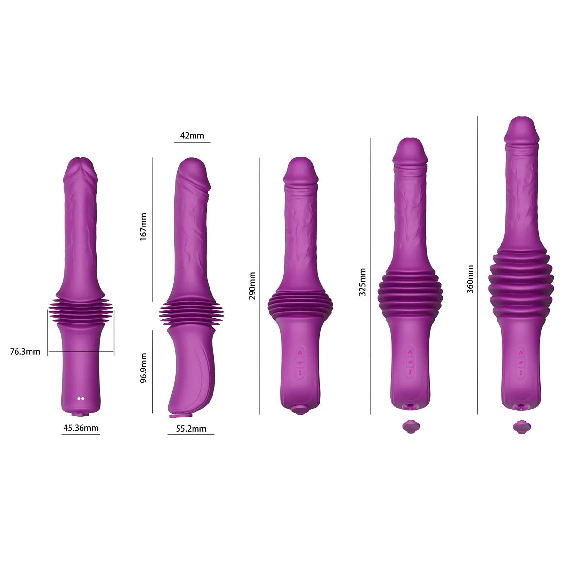 Purple simulation penis vibrator with heating, automatic pulling and inserting, silicone and ABS, 290mm, small cannon machine for women