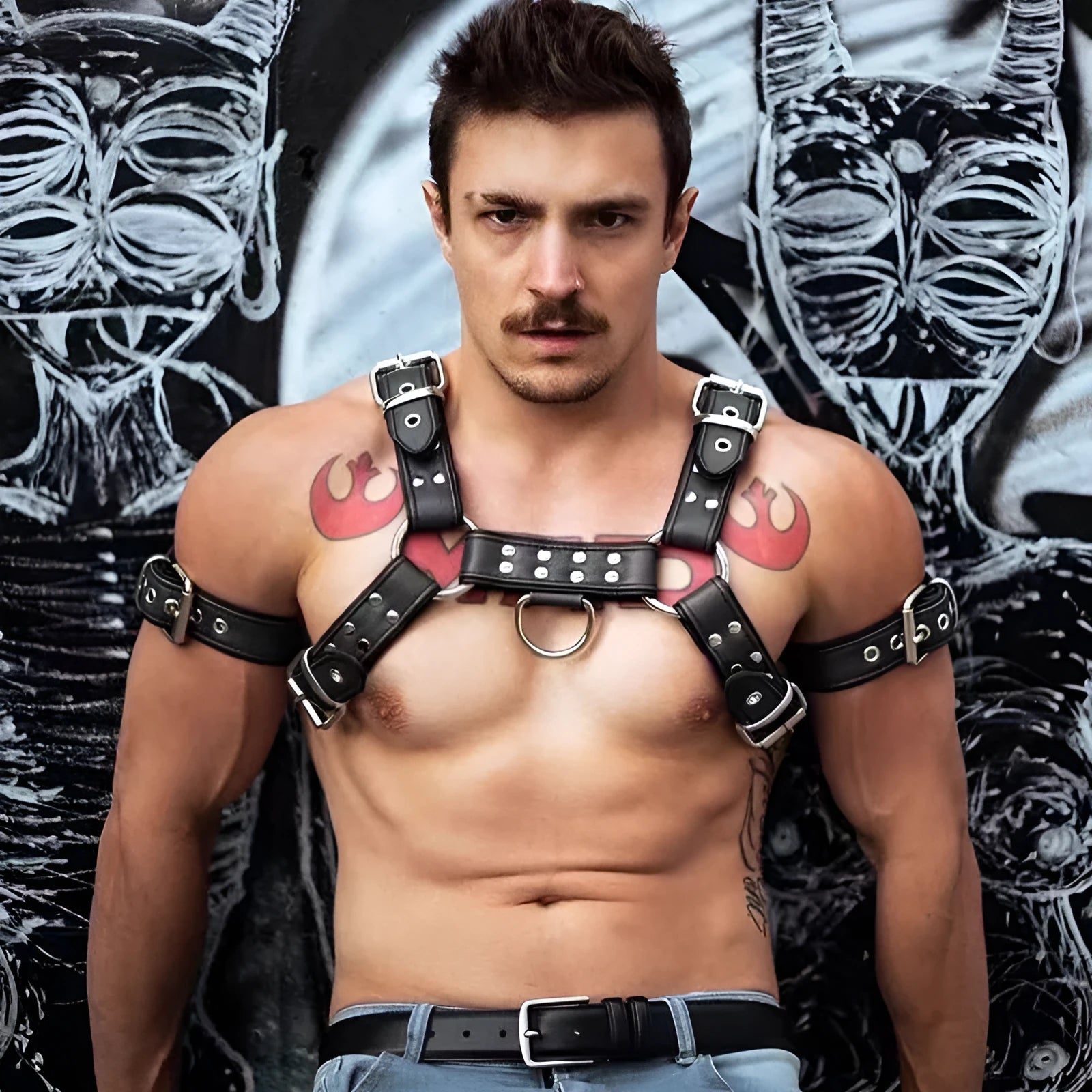 Men's black leather chest muscle bondage strap with metal buckles and adjustable shoulder harness design