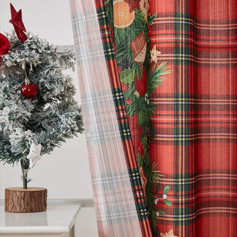 Rectangular red and blue Christmas printed curtain with semi-shade function.