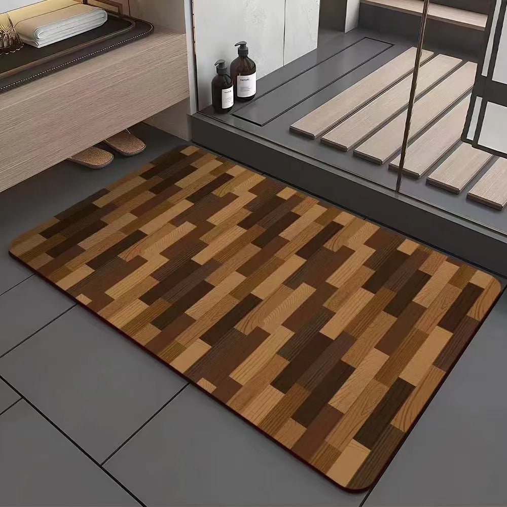 American style square diatom ooze floor mat with wood grain geometric pattern for bathroom use