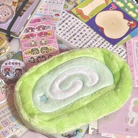 Honeydew velvet roll pencil case with Swiss roll cake colour design