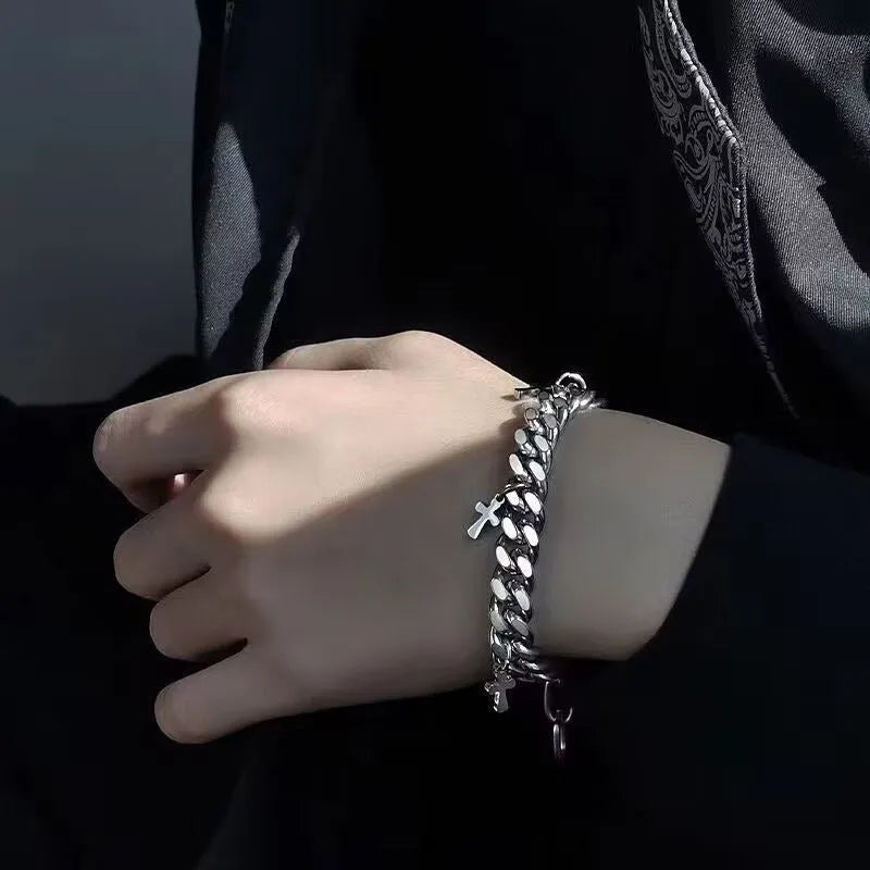 Men's geometric titanium steel bracelet featuring cross design with cold wind style