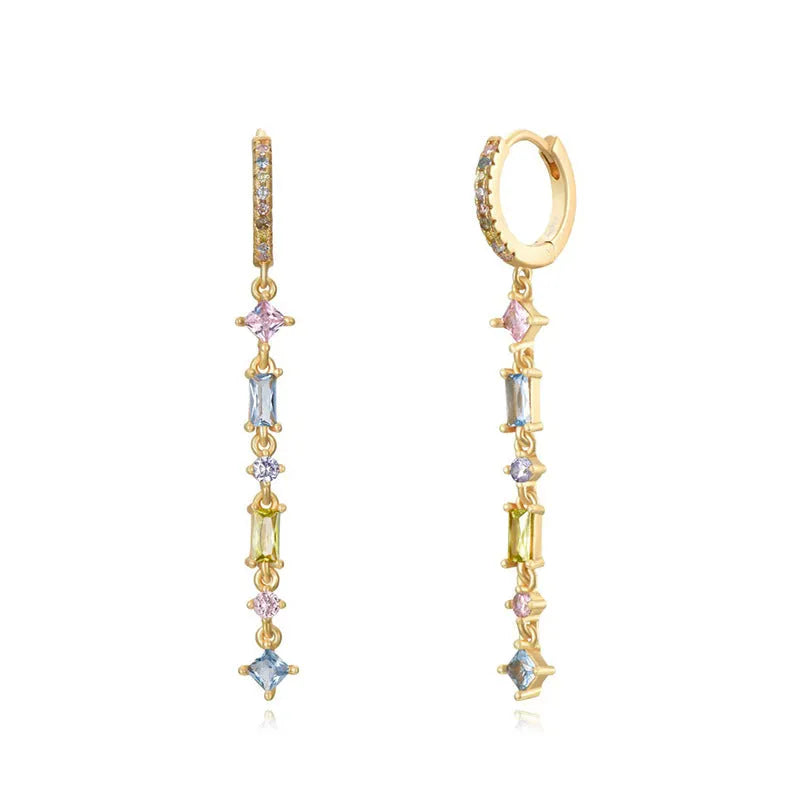 Geometric U-shaped silver tassel ear clip with micro-inlaid colourful zircon stones and dot, ring, and line details.