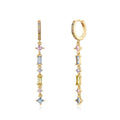 Geometric U-shaped silver tassel ear clip with micro-inlaid colourful zircon stones and dot, ring, and line details.