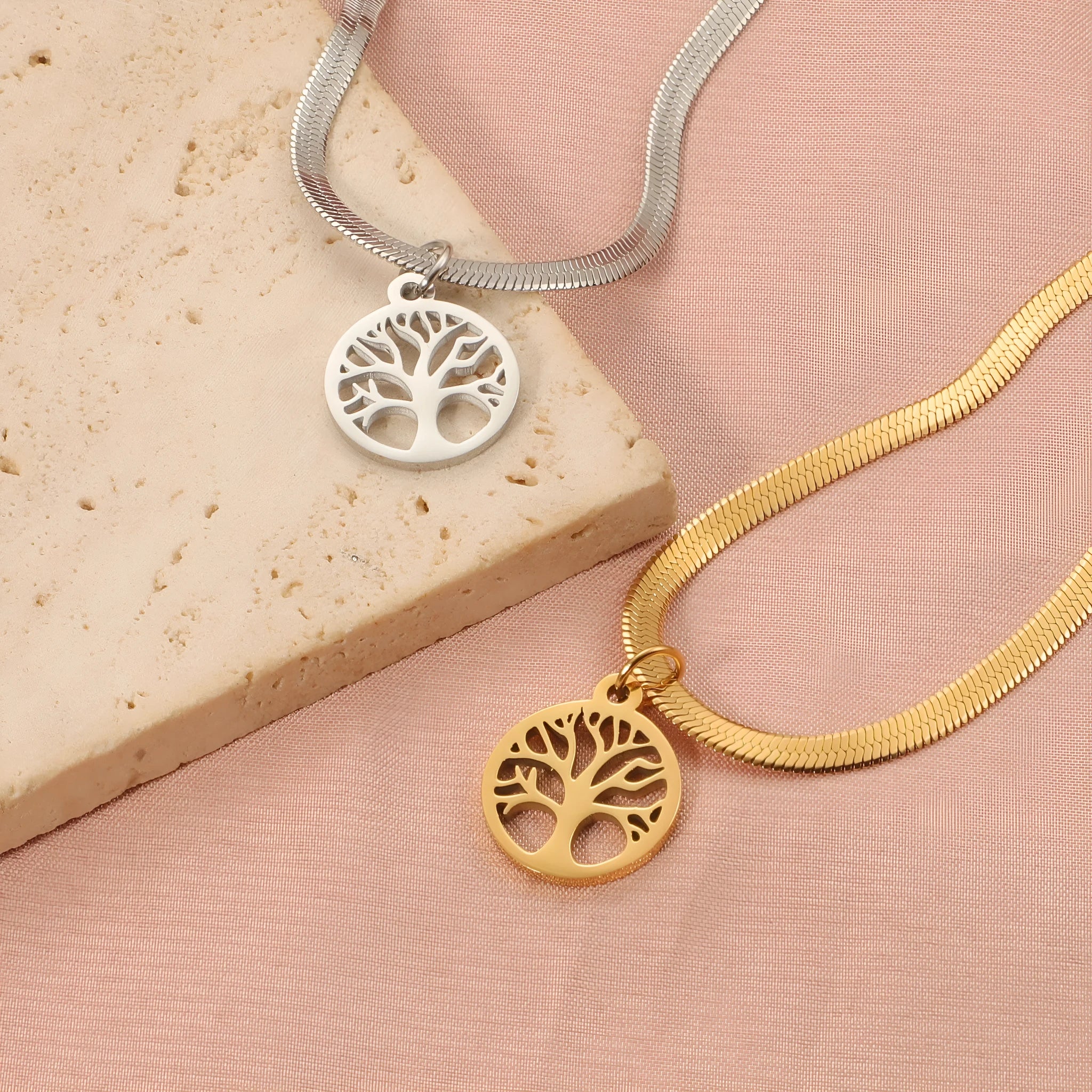 Stainless steel lucky tree necklace with adjustable length and tree pendant on snake bone chain