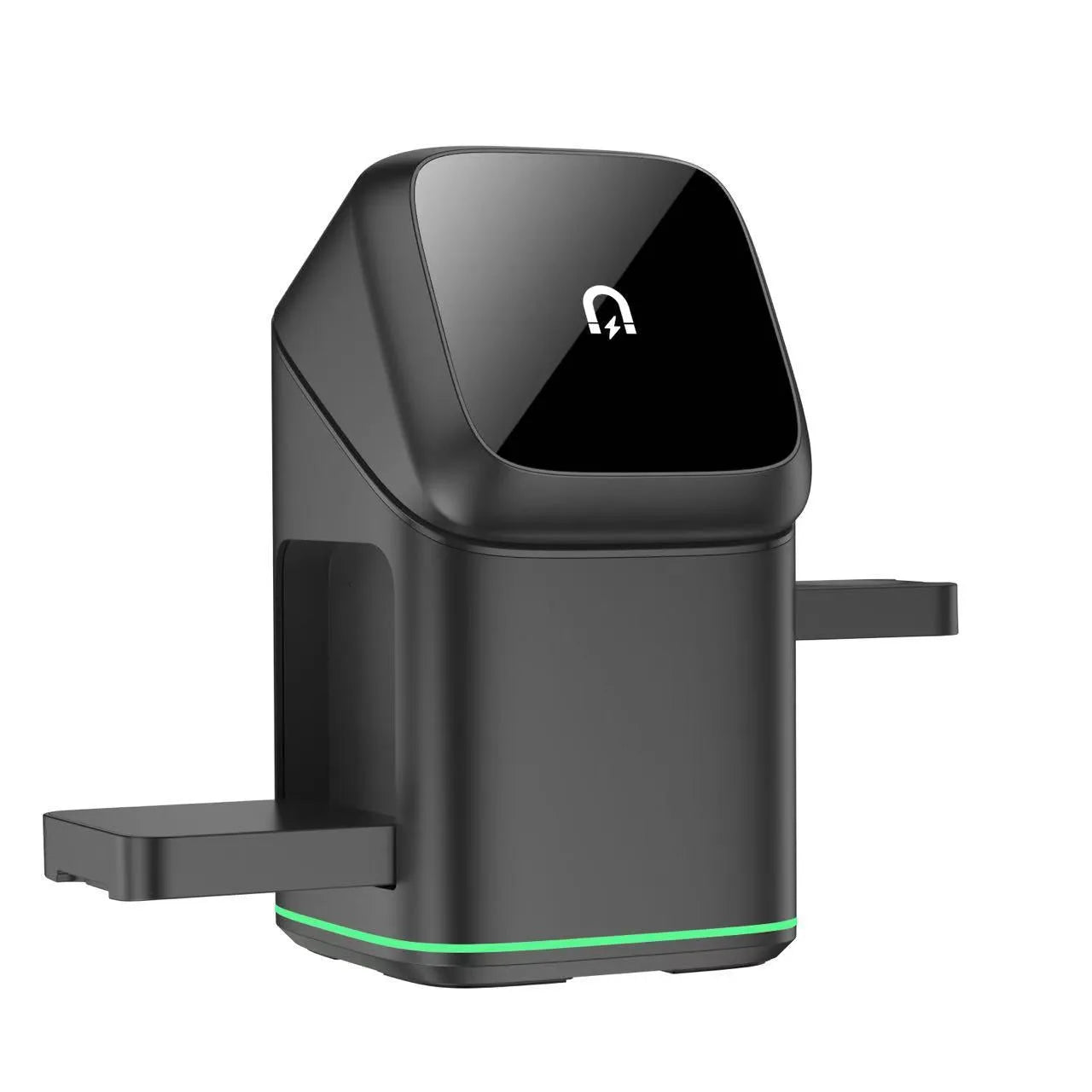 Black rotating magnetic wireless charging stand for mobile phones showing adjustable angle