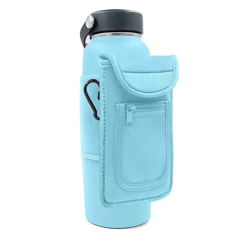 Fitness magnetic water bottle sleeve in black with a carabiner clip, shown on a sports bag.