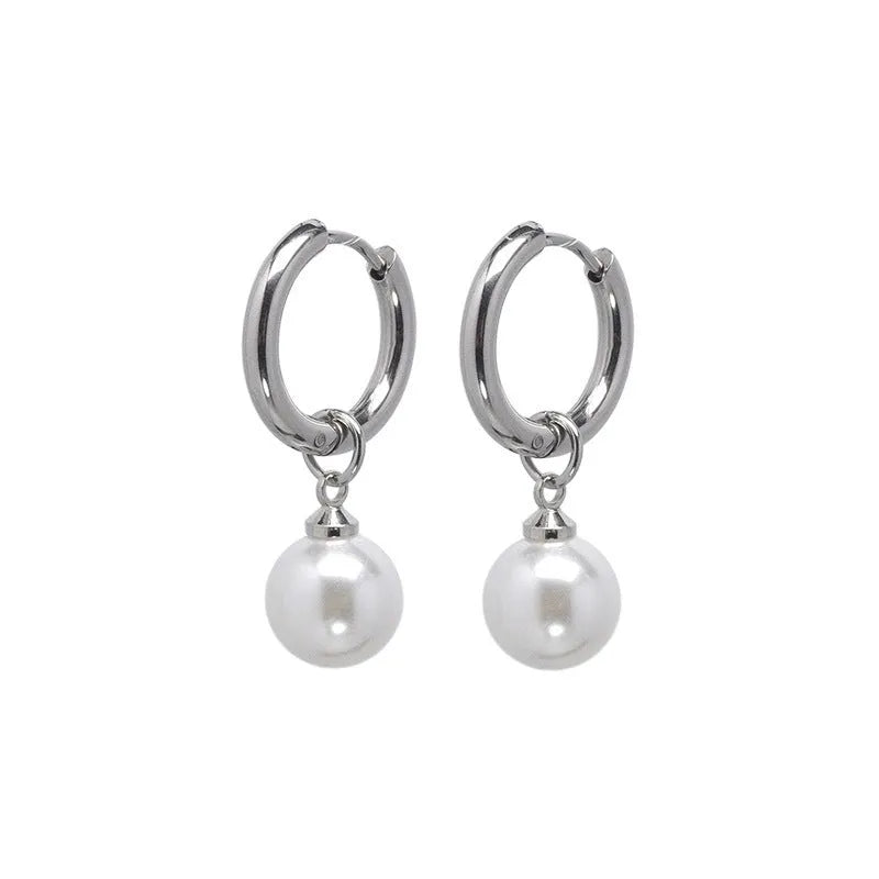 Geometric pearl hoop earrings with circular design and titanium steel alloy construction