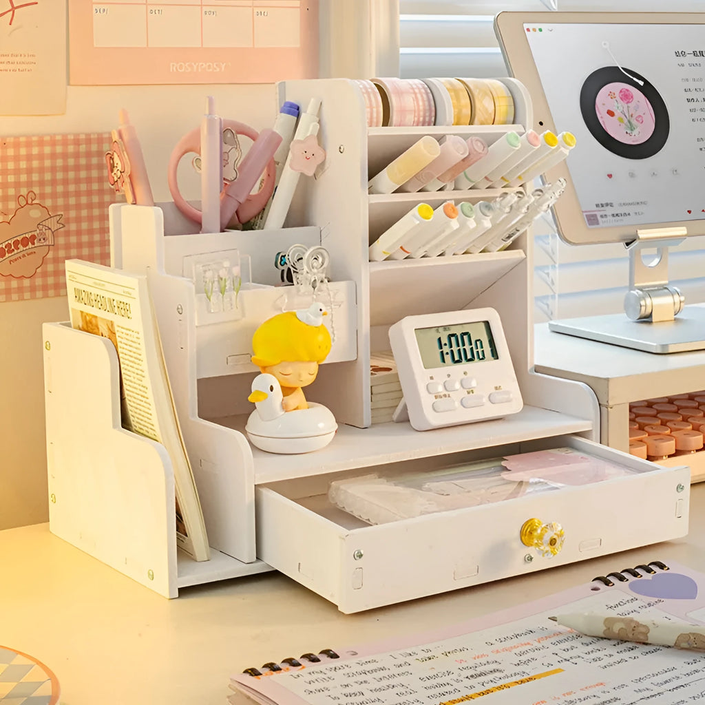 Square plastic pen holder storage box with multiple grid compartments for pens and pencils.