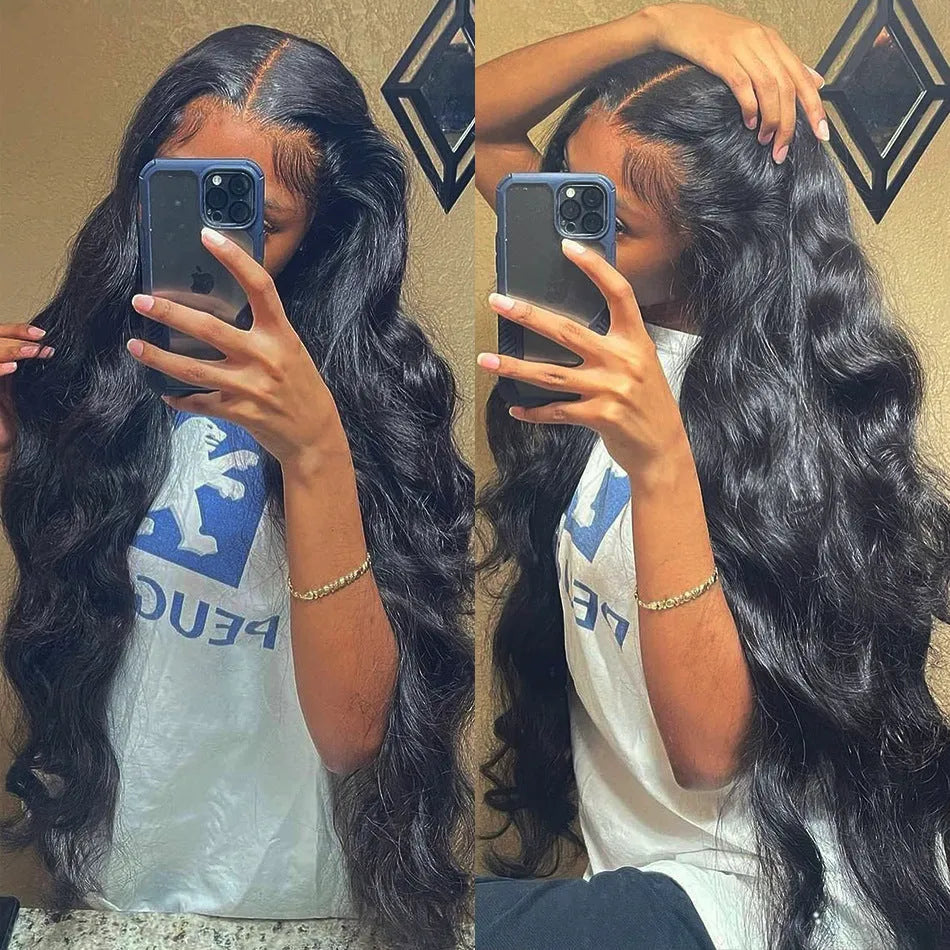 Black long curly synthetic wig with front lace and side bangs on a wig stand.