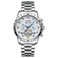 Men's silver stainless steel automatic perpetual calendar watch with sapphire crystal glass