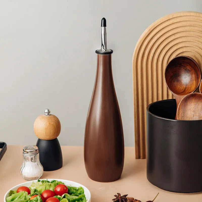 Ceramic kitchen oil pot with removable funnel and integrated brush holder in three colour options