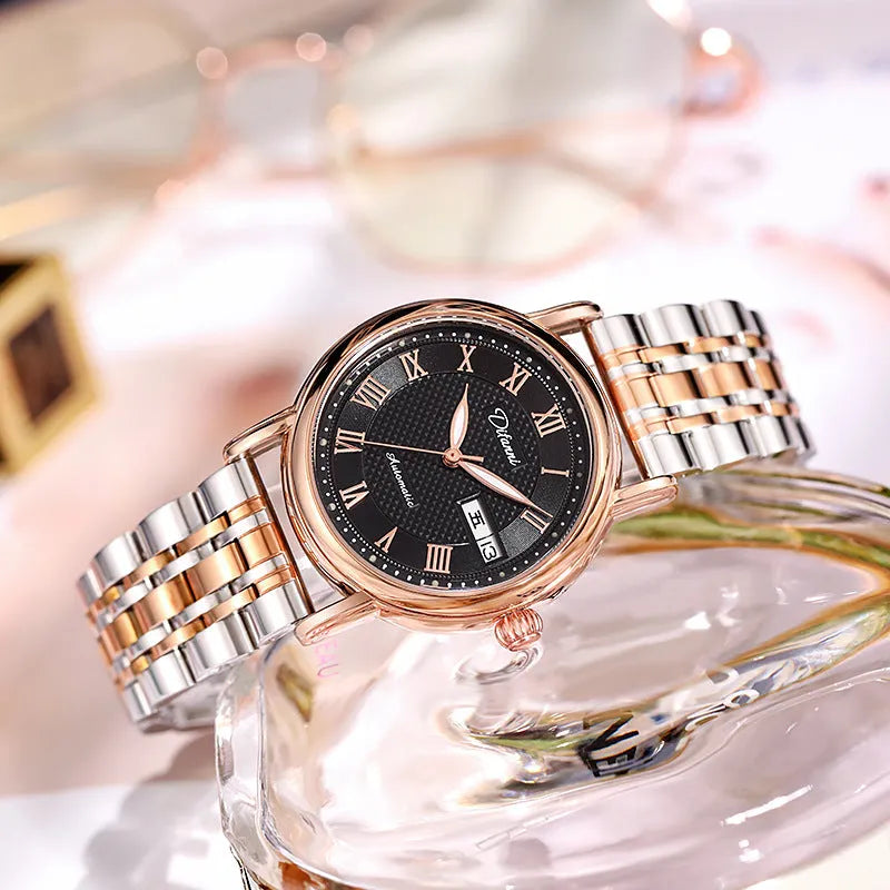 Women's automatic mechanical watch with 12mm case on steel belt and leather strap in various colours.