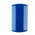 A white double-sided fine-toothed plastic comb for lice removal, shown on a blue background.