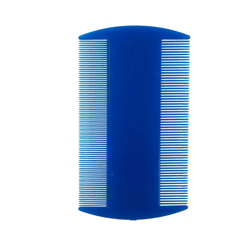 A white double-sided fine-toothed plastic comb for lice removal, shown on a blue background.