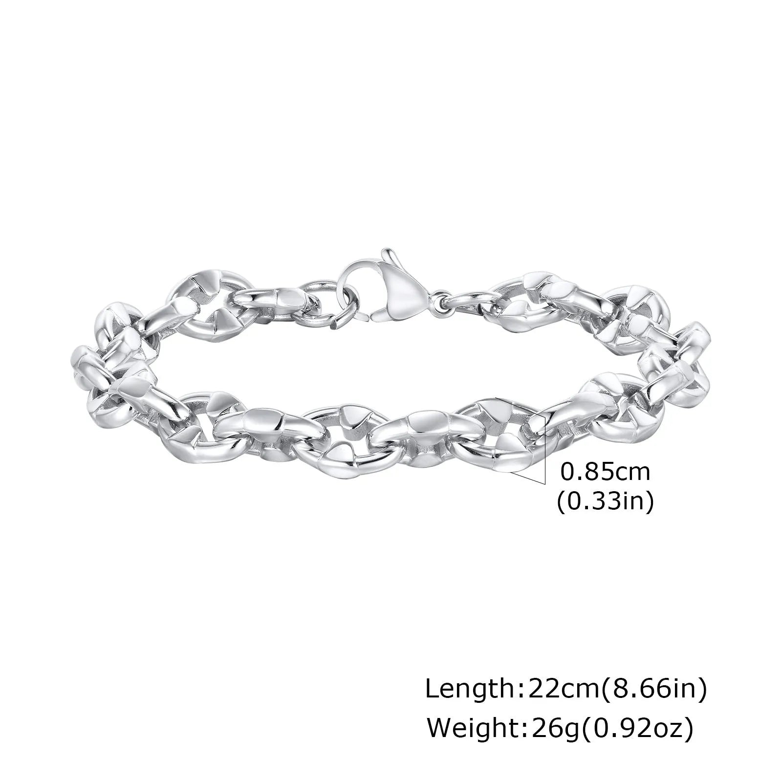 A thick handmade stainless steel bracelet with a geometric shape and steel colour finish.