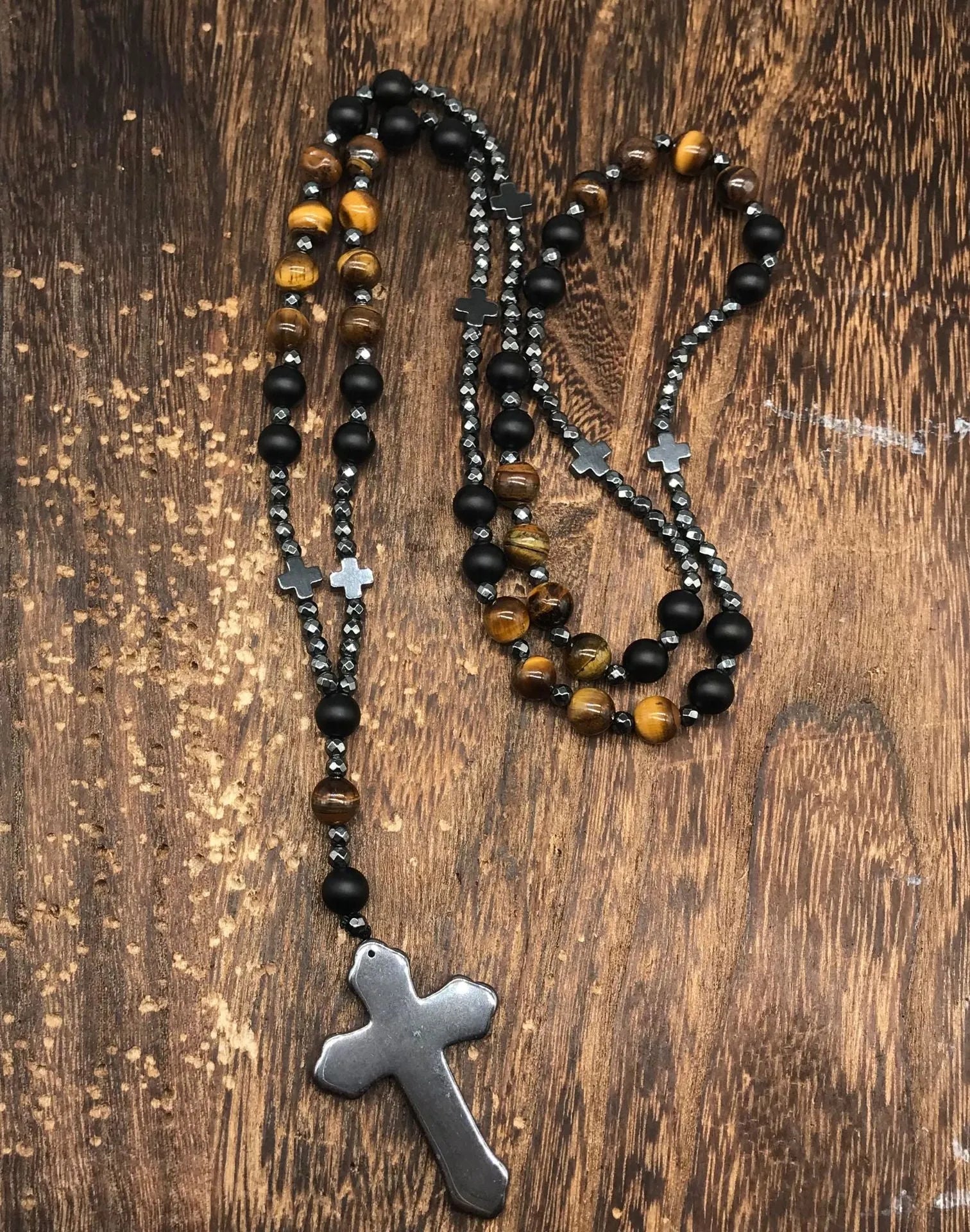 Men's stone cross pendant necklace on 80cm ball bead chain with safety lock clasp