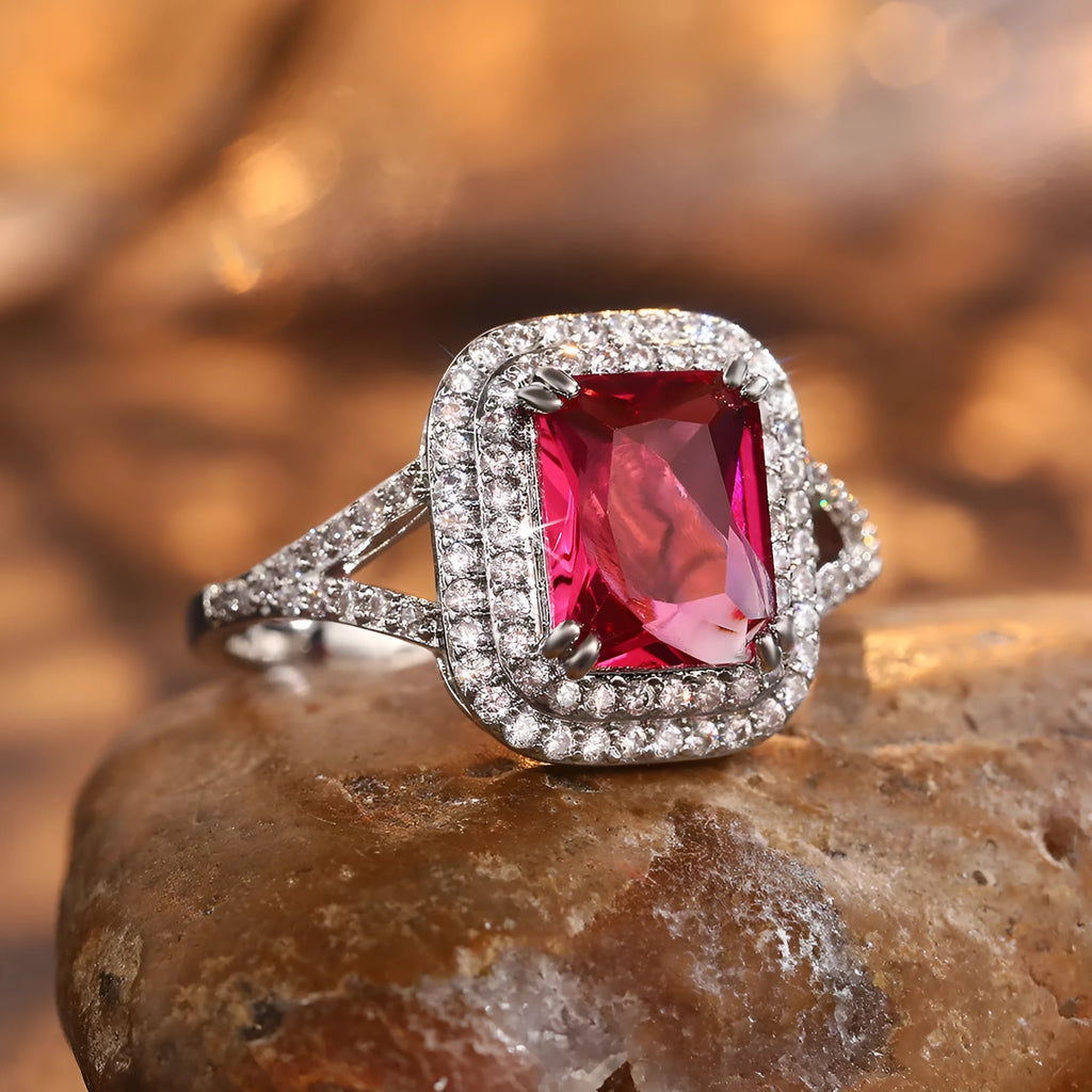Red geometric square copper women's ring with sparkling rhinestones.