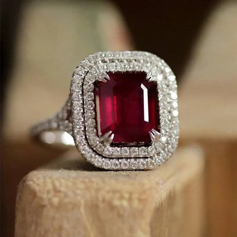 Red geometric square copper women's ring with sparkling rhinestones.