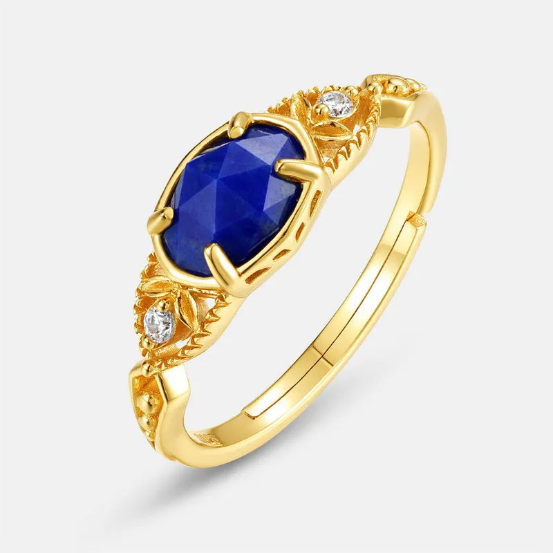 Women's geometric ellipse lapis lazuli ring on a silver alloy band, showcasing Japanese-inspired design.