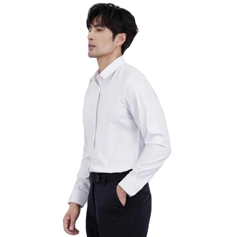 Wine red men's slim-fit long sleeve shirt with cardigan style, on a hanger.