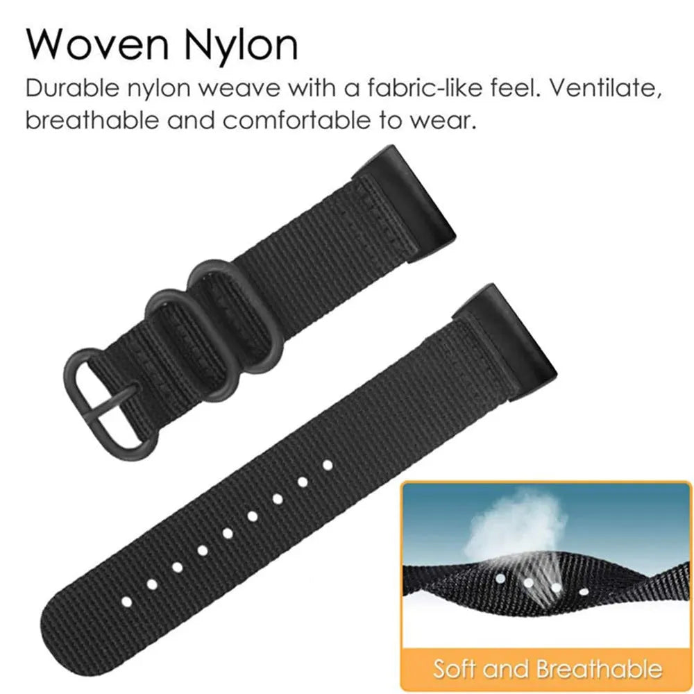 Nylon three-ring buckle replacement strap for Fitbit Charge 2, 3, 4, and 5 fitness trackers in multiple colours