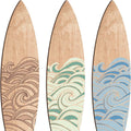 Set of three light wooden surfboard-shaped wall decorations arranged together.