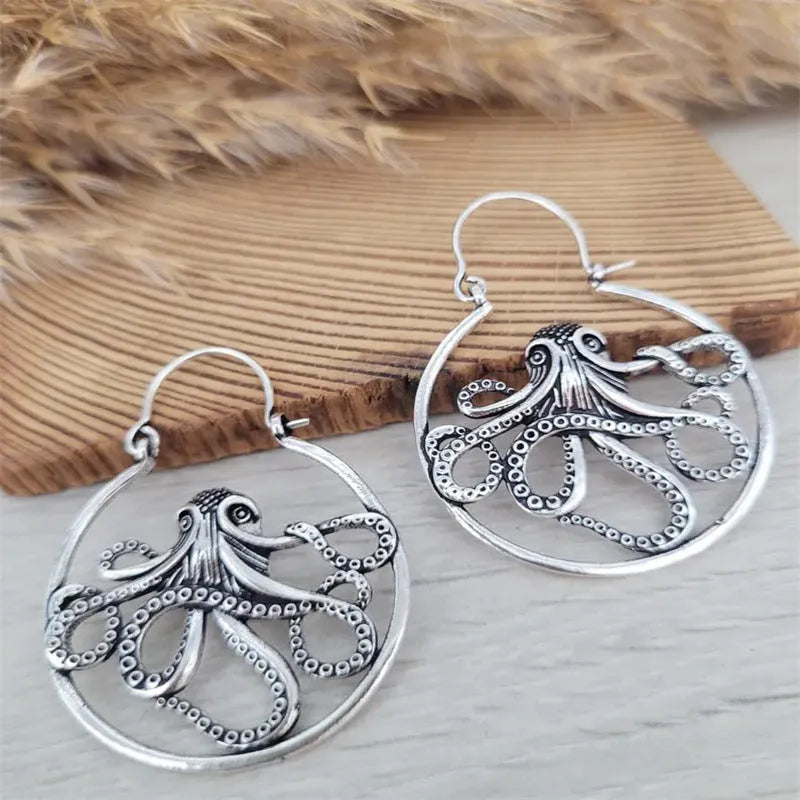 Vintage octopus earrings in antique silver finish with retro animal design