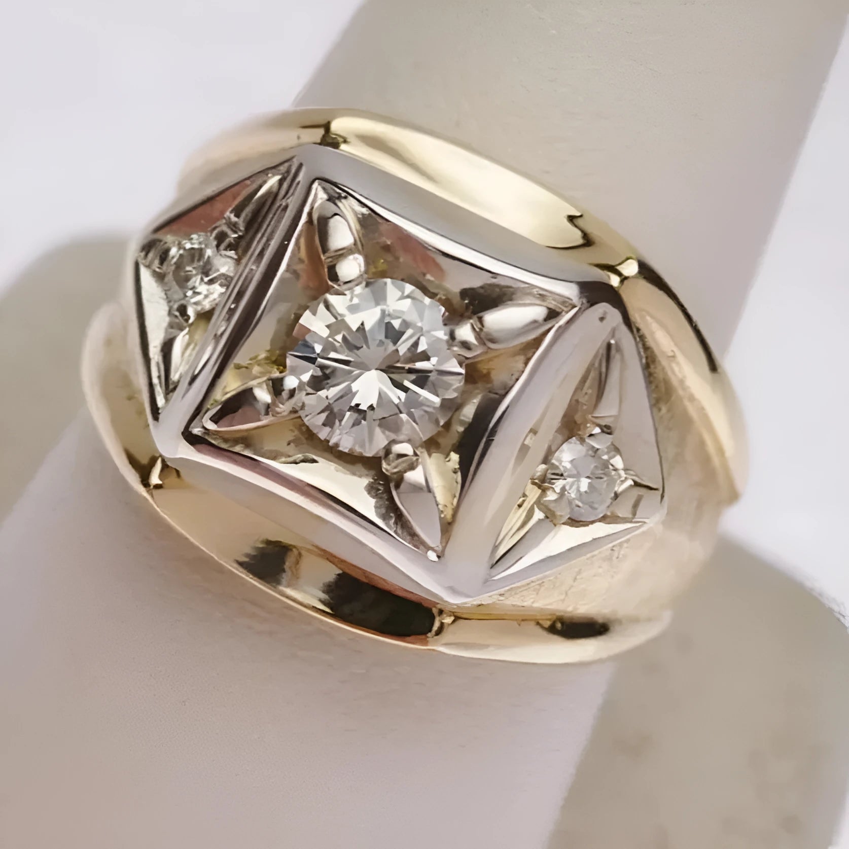 Copper geometric hollow couple rings with wide face design in gold colour showing chamfering square patterns