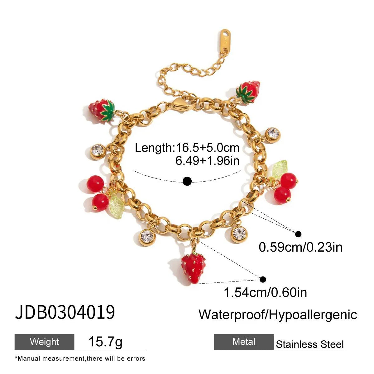18K gold stainless steel bracelet with grape cherry and lemon fruit motifs for women