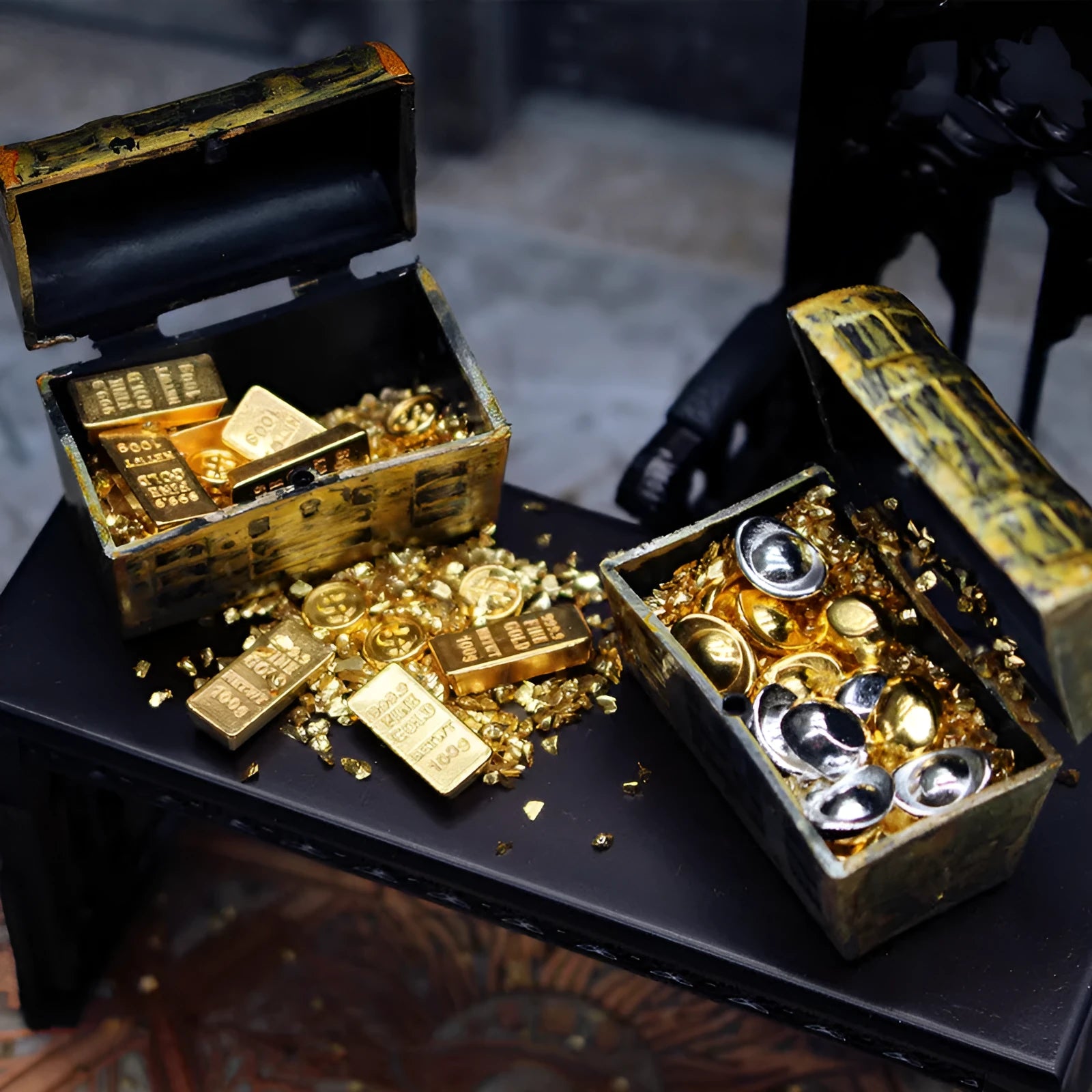 Alloy gold coin and bar treasure chest miniature doll house accessory on display.