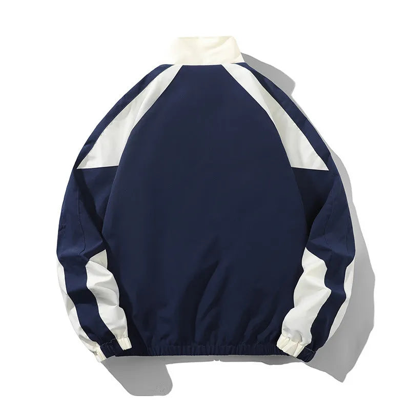Men's black casual jacket with contrast stitching and side seam pockets, shown on a model.