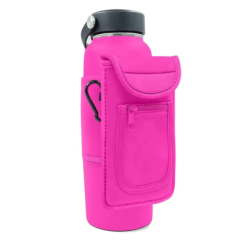 Fitness magnetic water bottle sleeve in black with a carabiner clip, shown on a sports bag.