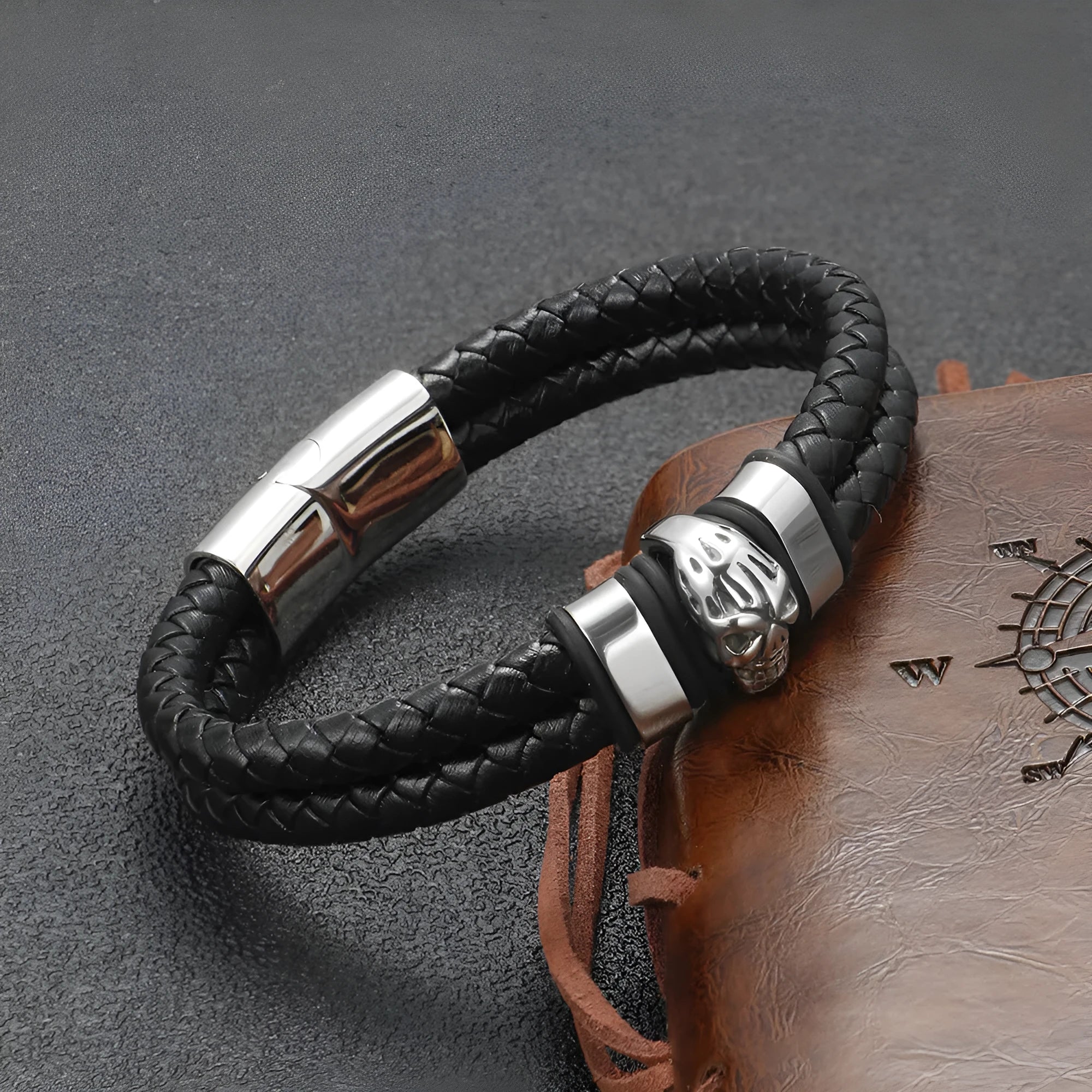 Silver titanium steel skull bracelet for men vintage punk style geometric shape