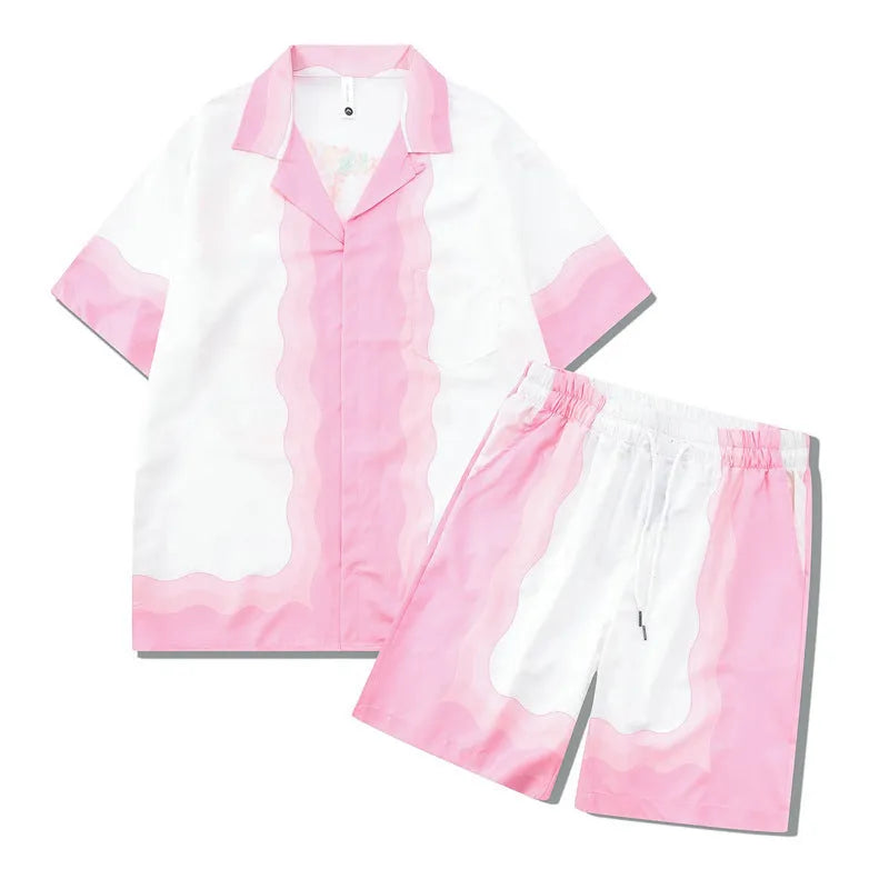 Men's plaid print beach outfit with short sleeve shirt and matching pants set