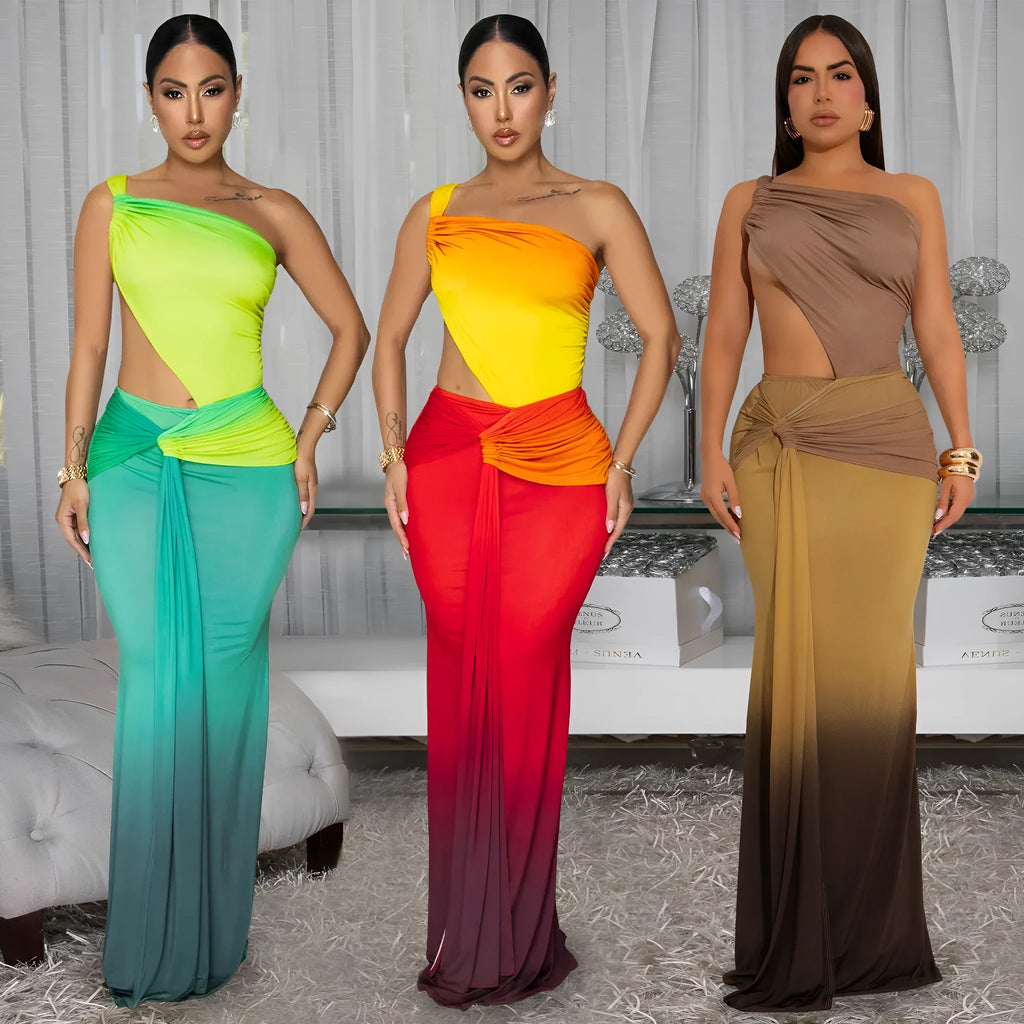Long red gradient women's dress with cross-shoulder sleeveless neckline and high waist.