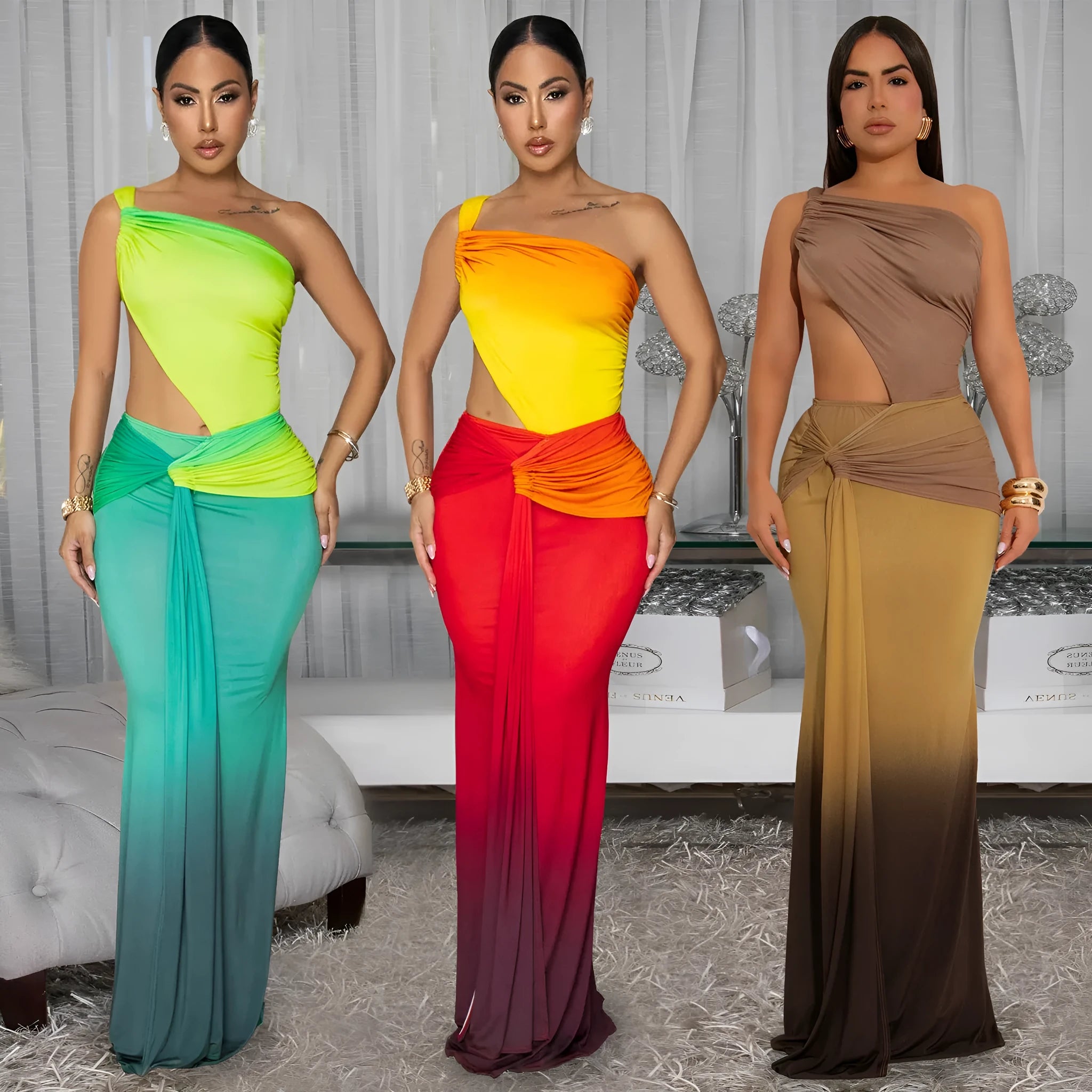 Long red gradient women's dress with cross-shoulder sleeveless neckline and high waist.