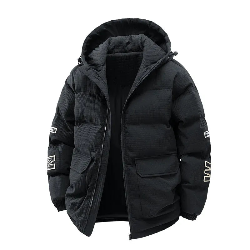 Men's black cotton-padded winter coat with hood and white letter print detailing, Korean streetwear style
