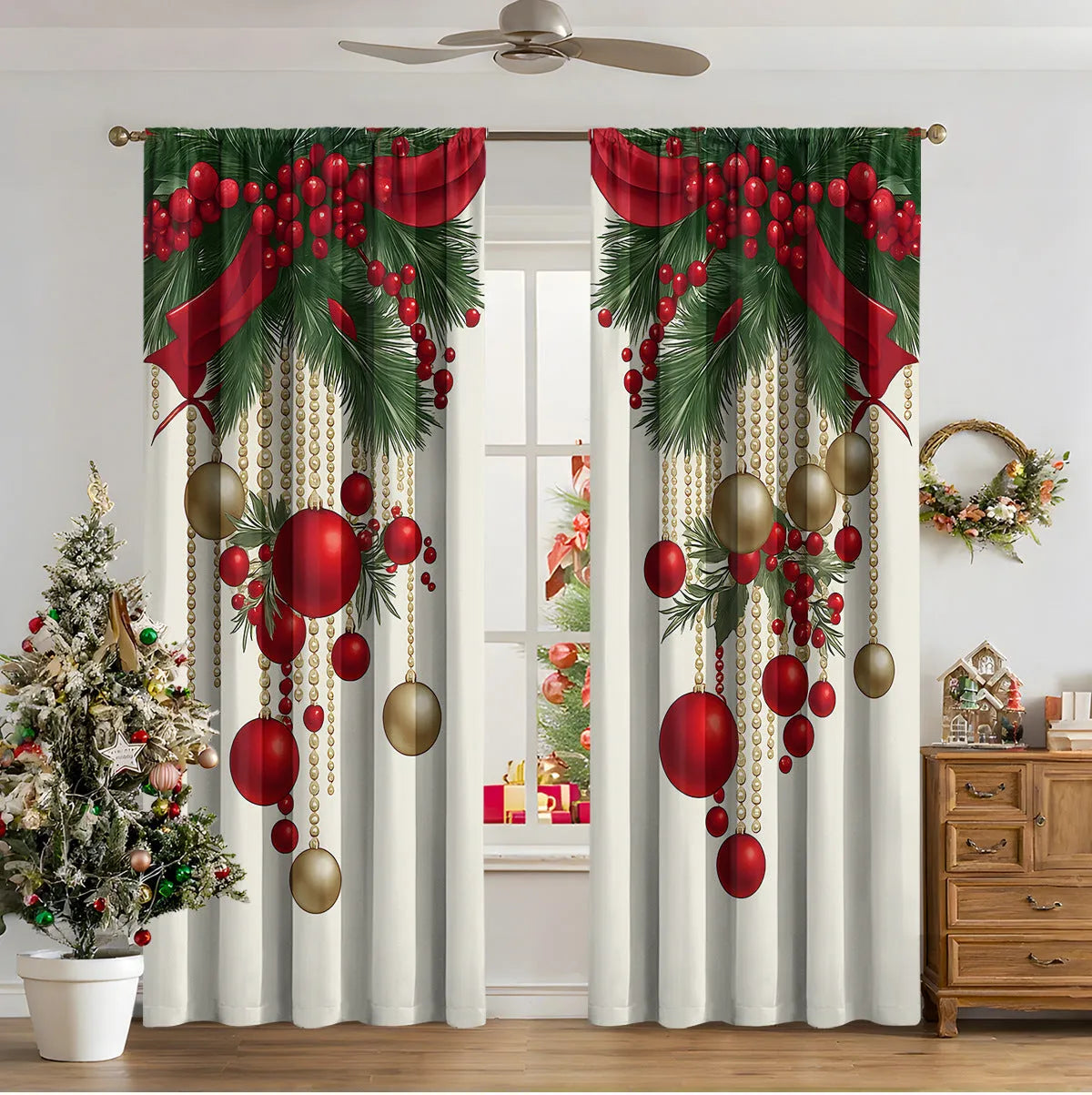 Pair of 3D digitally printed Christmas curtains in a modern design, made from polyester fabric.
