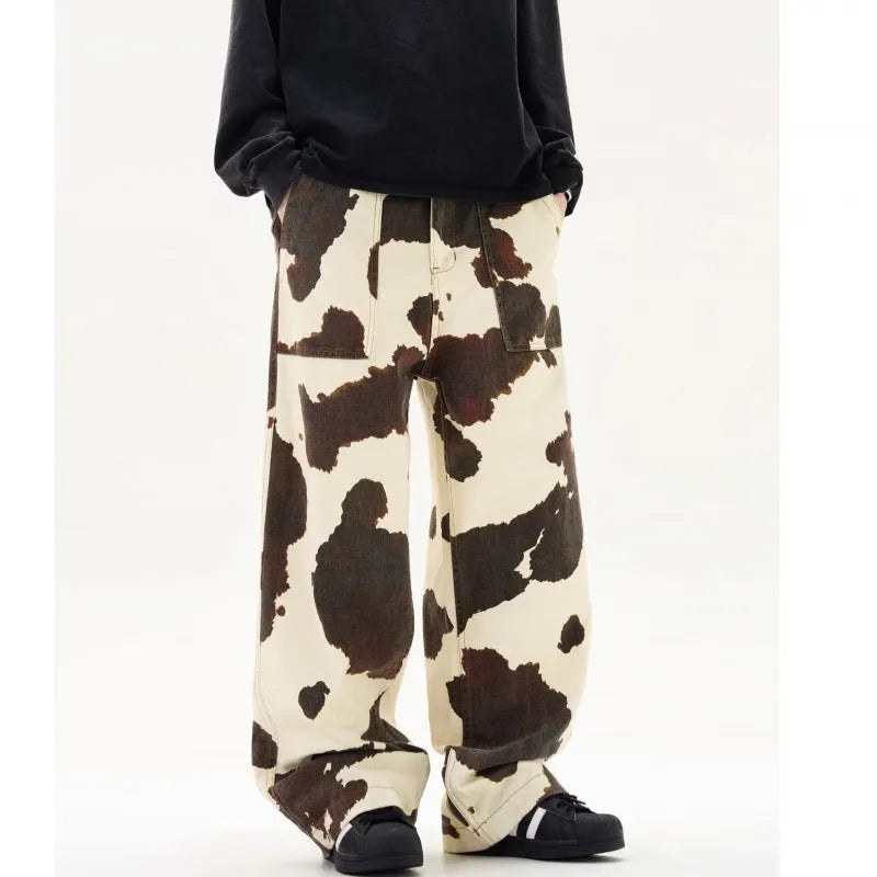 Men's straight-leg trousers with American retro cows pattern in colour 7698