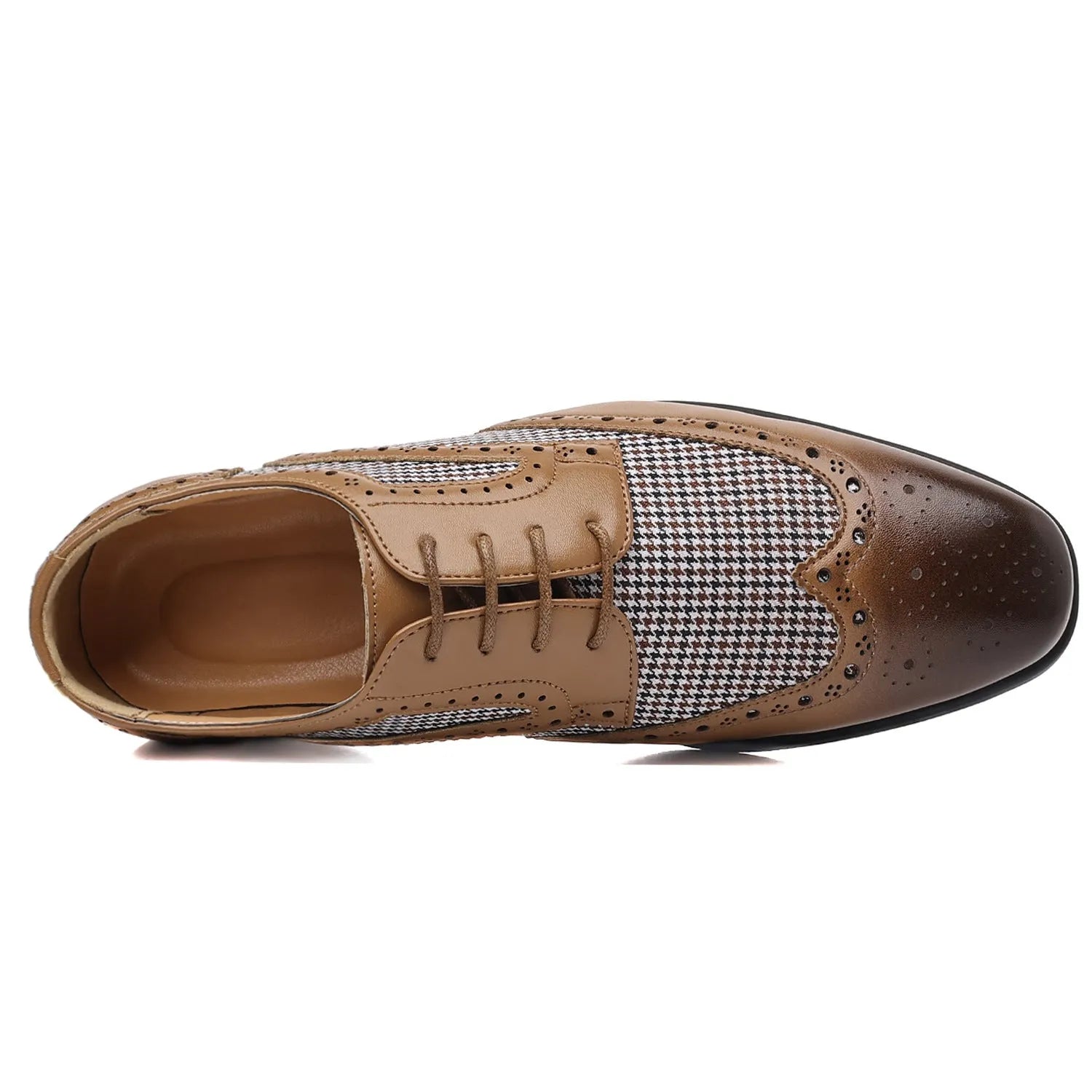 Men's black houndstooth plaid casual lace-up shoes with a square toe and rubber sole.