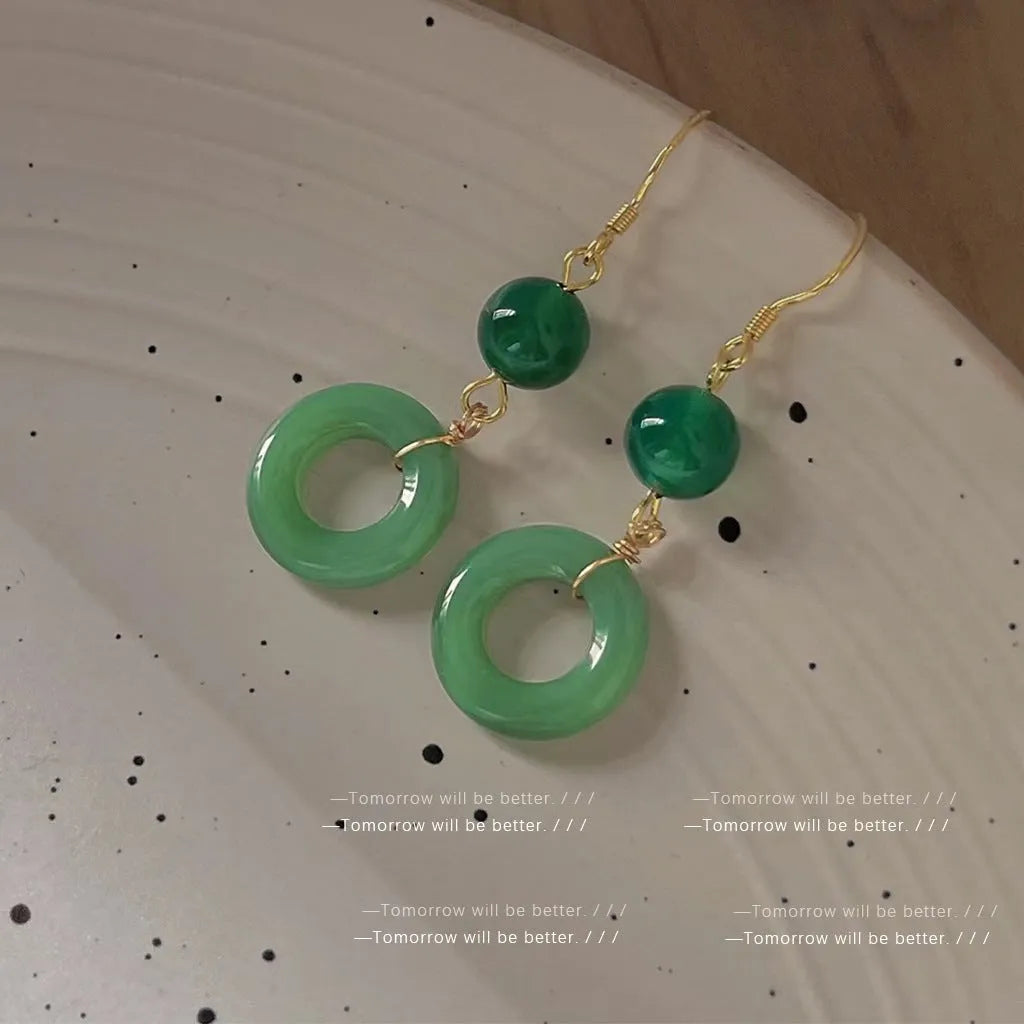 Green geometric peace buckle zinc alloy earrings with traditional Chinese design for Han clothing accessories