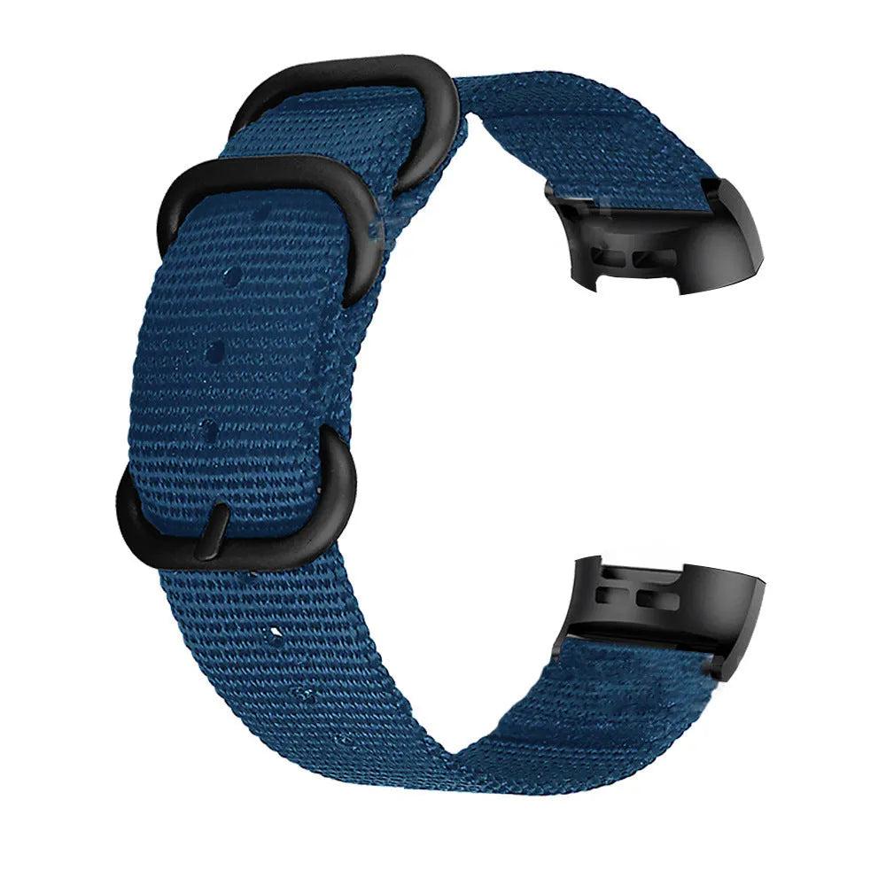 Nylon three-ring buckle replacement strap for Fitbit Charge 2, 3, 4, and 5 fitness trackers in multiple colours