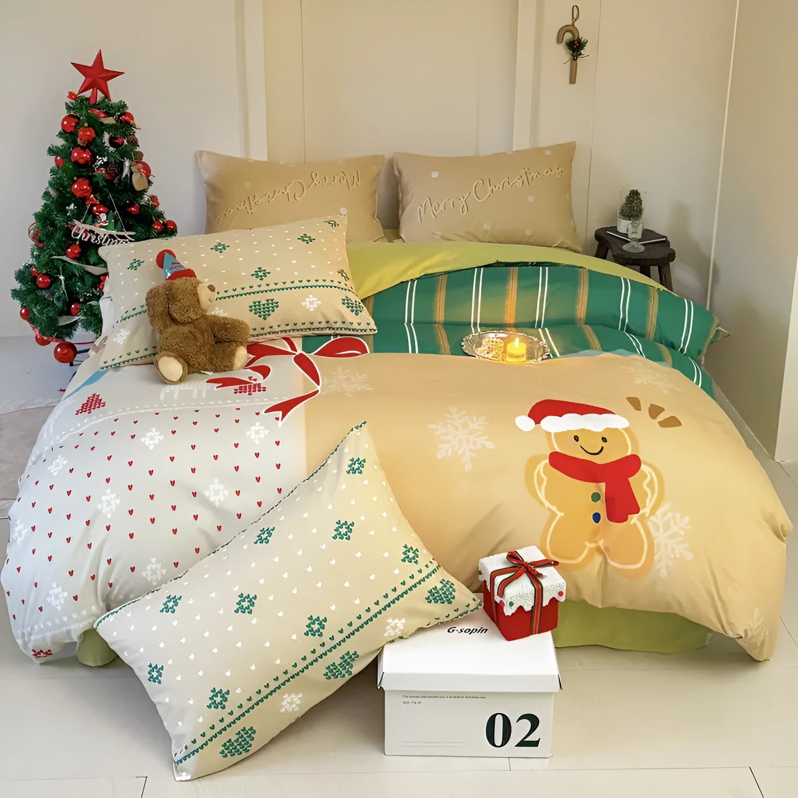 Christmas cartoon character bedding set with duvet cover, fitted sheet and pillowcases laid on a bed