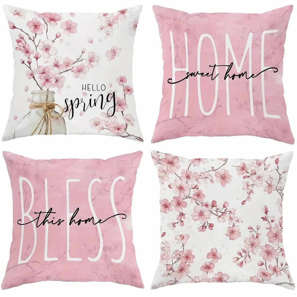 Square short velvet cushion cover with cherry blossom and letter print, 45cm size, shown in one of four HDRD192 colour options