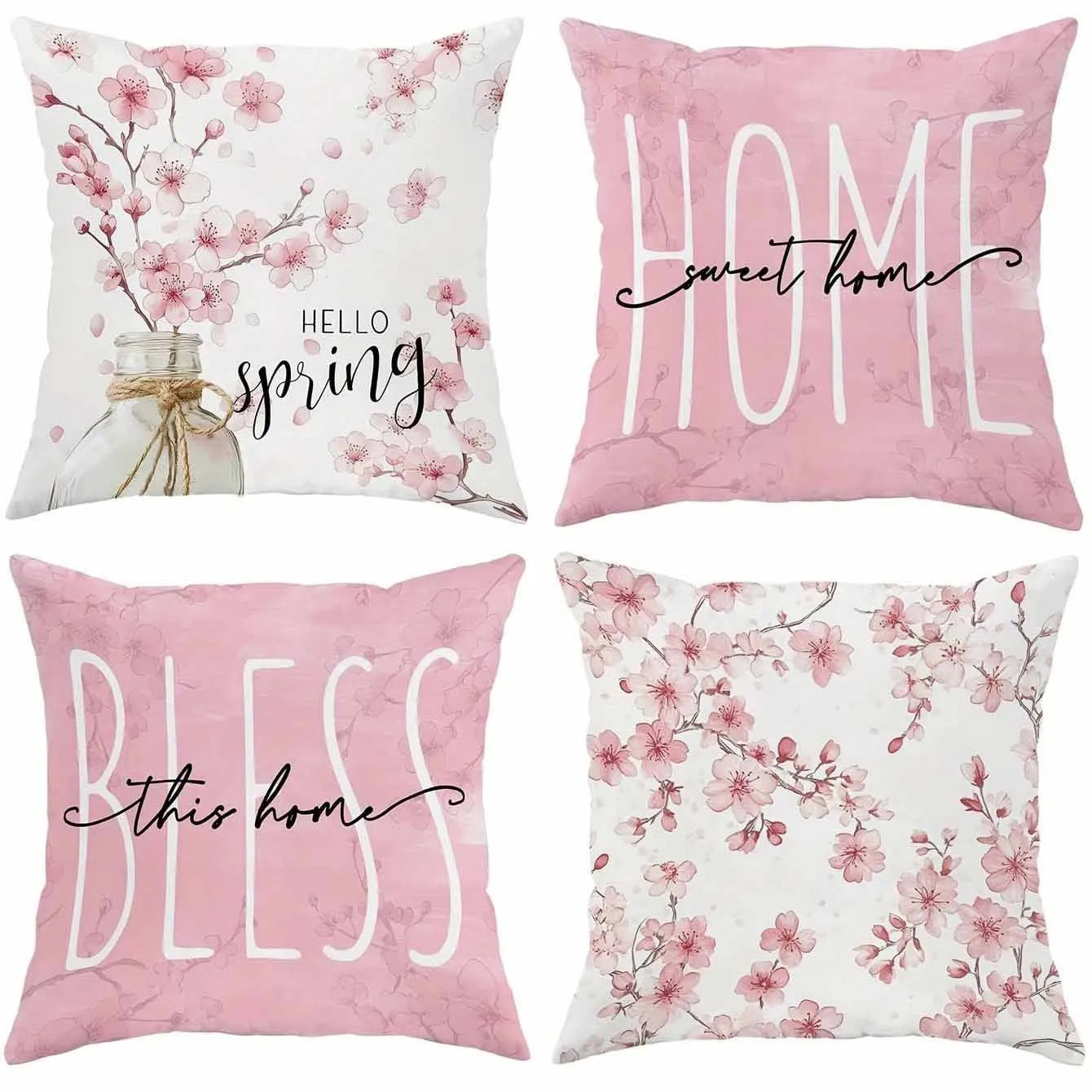 Square short velvet cushion cover with cherry blossom and letter print, 45cm size, shown in one of four HDRD192 colour options