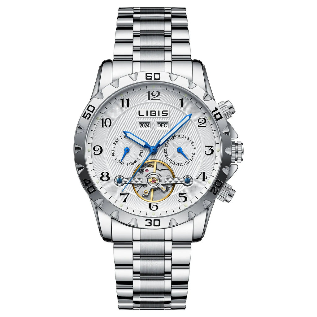 Men's silver stainless steel automatic perpetual calendar watch with sapphire crystal glass